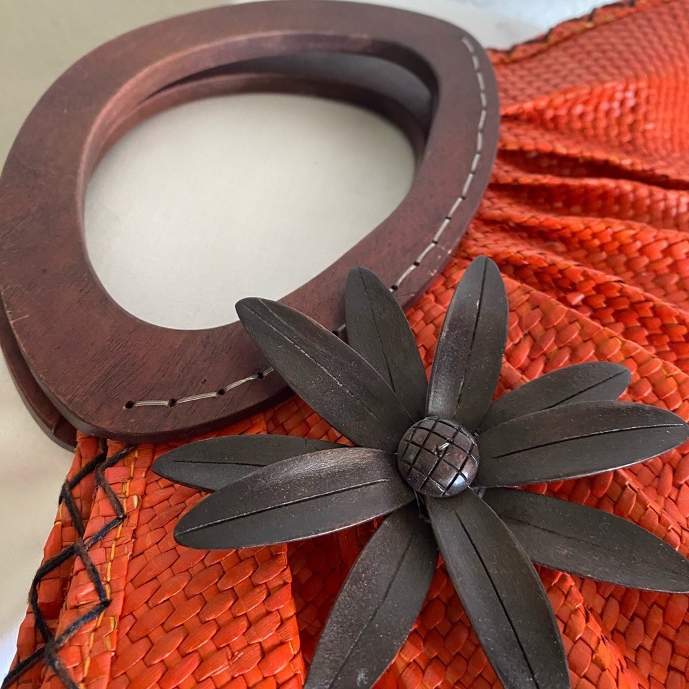Orange Woven Handbag with Wooden Handle